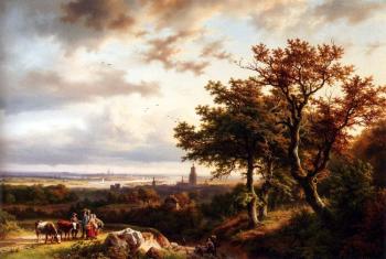 Barend Cornelis Koekkoek : A Panoramic Rhenish Landscape With Peasants Conversing On A Track